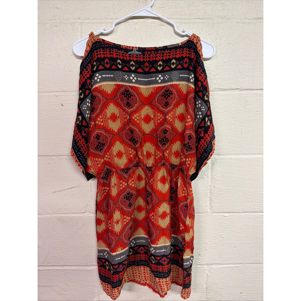 Angie Red Geometric Tribal Print Cold Shoulder Mini Dress Boho Festival Size M